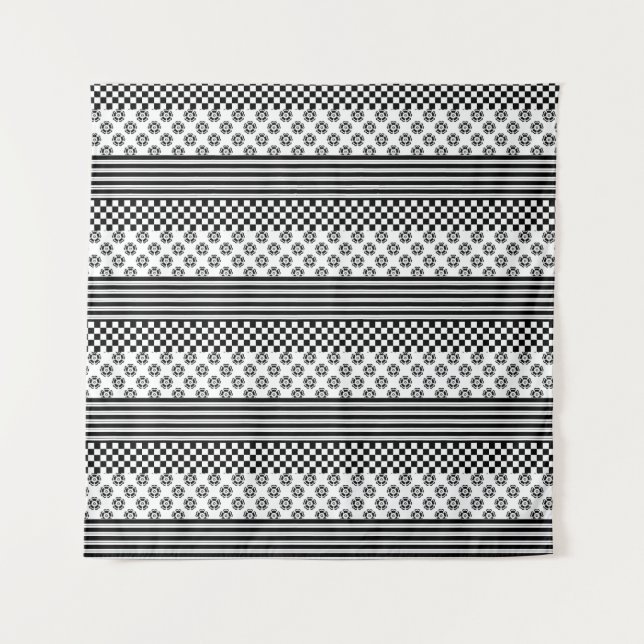 Black White Boho Check Floral Stripes Pattern Tapestry (Front)