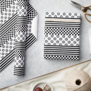 Black White Boho Check Floral Stripes Pattern Wrapping Paper