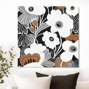 Black White Boho Floral Canvas Print