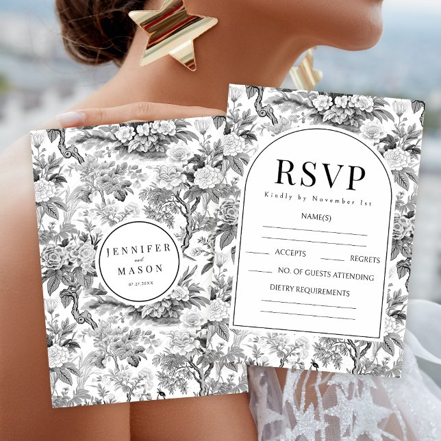 Black white boho floral wedding RSVP cards (Creator Uploaded)