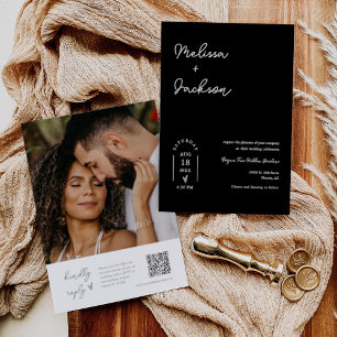 Black White Boho Minimalist Wedding QR Code Photo Invitation