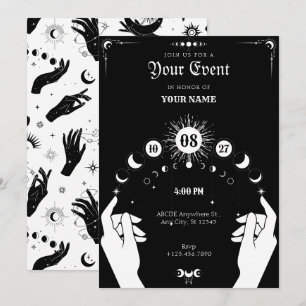 Black white Boho Moon mystical hand  Invitation