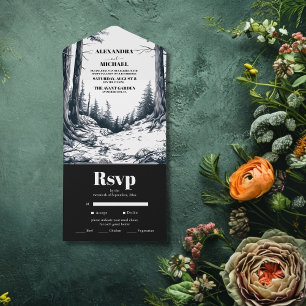 Black White Boho Mountain Forest  Wedding All In One Invitation