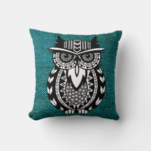Black White Boho Owl Geometric Teal Herringbone Cushion
