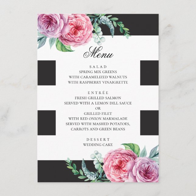 Black & white boho wedding. Watercolor pink floral Menu (Front)