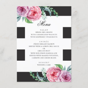 Black & white boho wedding. Watercolor pink floral Menu
