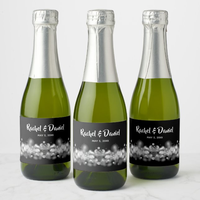 Black & White Bokeh Blurred Lights Mini Sparkling Wine Label (Bottles)