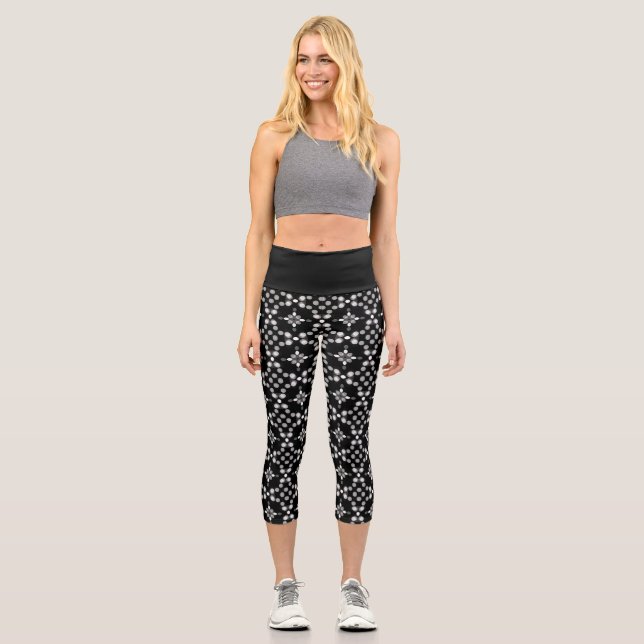 Black & White Bokeh Floral Capri Leggings (Front)