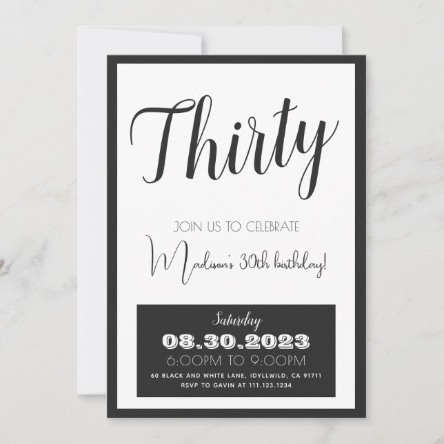 Black White Bold 30th Birthday Invitation Any Age (Front)
