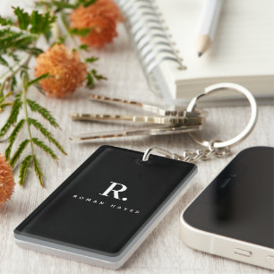 Black White Bold Dot Monogram Modern Minimalist Key Ring