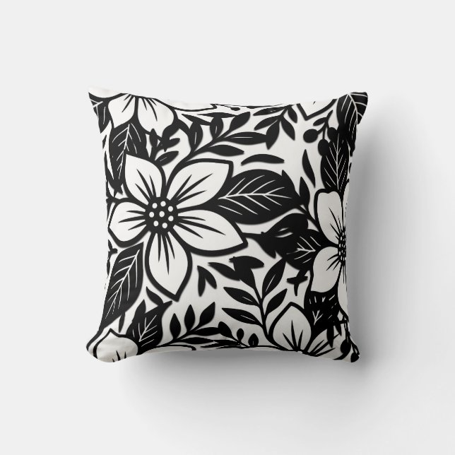 Black & White Bold Modern Floral Bloom  Cushion (Front)