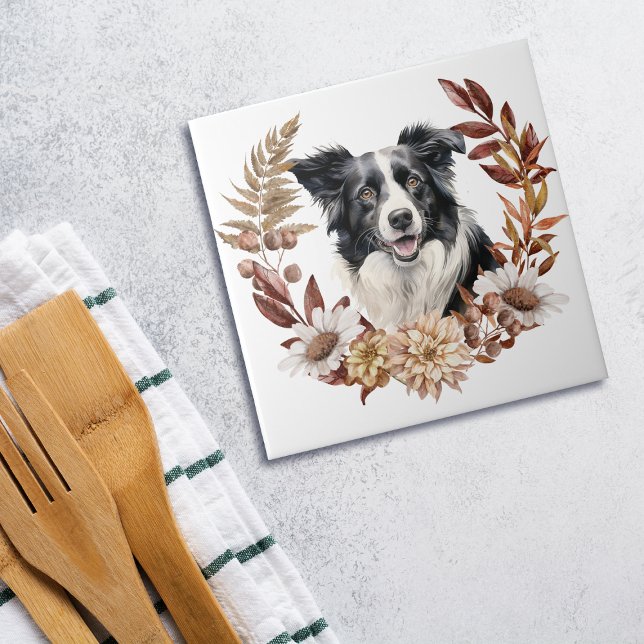 Black White Border Collie Dog Autumn Wreath Ceramic Tile (Creator Uploaded)