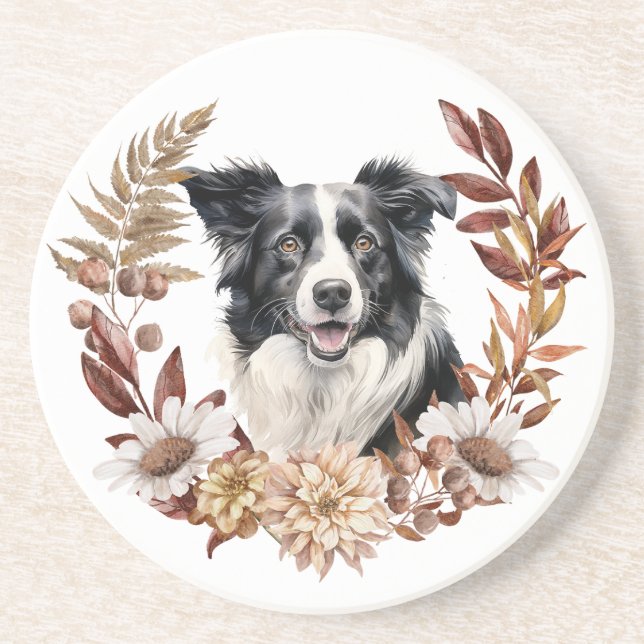Black White Border Collie Dog Autumn Wreath Coaster (Front)