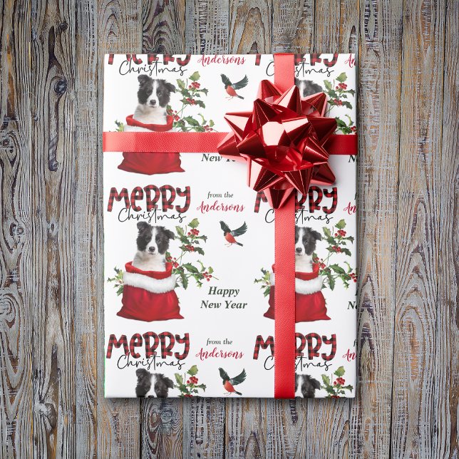 Black White Border Collie Puppy Christmas Gift Bag Wrapping Paper (Creator Uploaded)