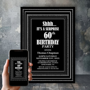 Black White Border Surprise 60th Birthday Party Invitation