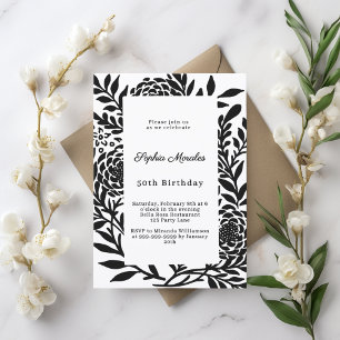 Black white botanical birthday invitation