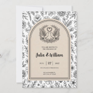 Black & White Botanical Dove Wedding Invitation