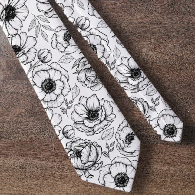 Black White Botanical Floral Pattern Tie (Black White Botanical Floral Pattern neck tie)