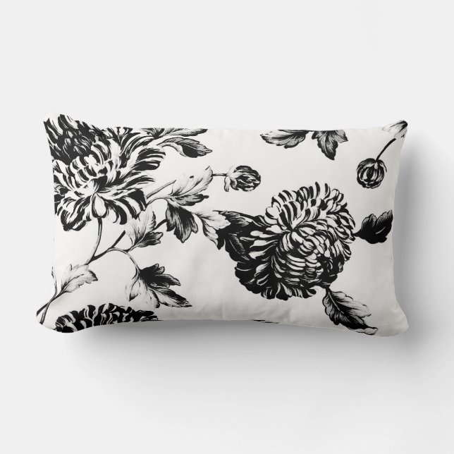 Black & White Botanical Floral Toile Lumbar Cushion (Front)