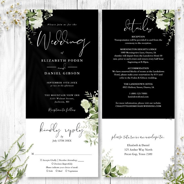 Black White Botanical Greenery All In One Wedding Invitation (Black White Botanical Greenery All In One Wedding Invitation)