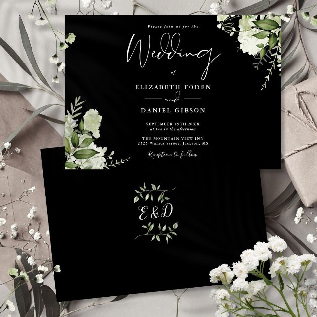 Black White Botanical Greenery Monogram Wedding  Invitation (Black White Botanical Greenery Monogram Wedding Invitation)