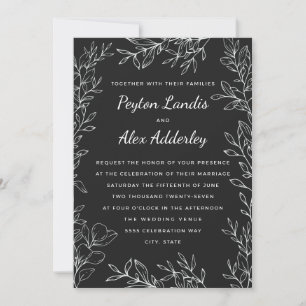 Black White Botanical Line Art Wedding Invitation