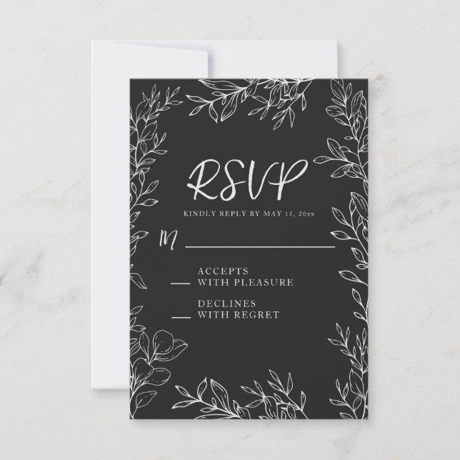 Black White Botanical Line Art Wedding RSVP Card (Front)