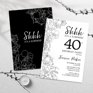 Black White Botanical Surprise 40th Birthday Invitation