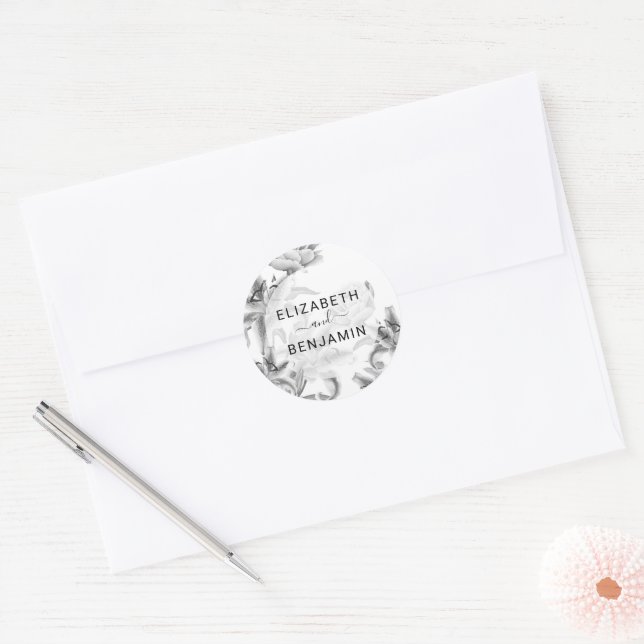 Black White Botanical Wedding Classic Round Sticker (Envelope)