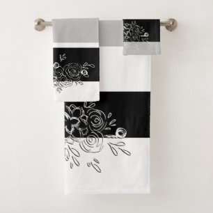 Black White Bouquet Grey Stripes Bath Towel Set