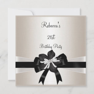Black White Bow 21st Birthday Silver Sepia Invitation