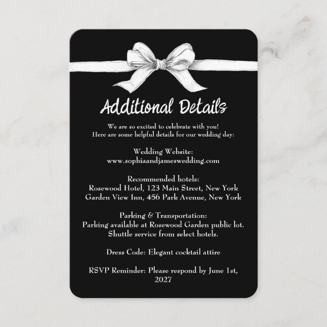 Black & White Bow | Elegant Wedding | Monochrome Enclosure Card (Front)
