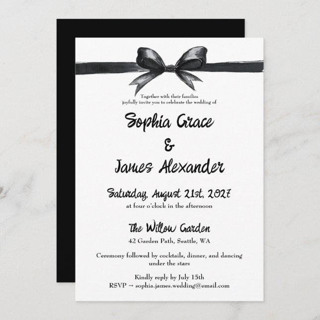 Black & White Bow | Elegant Wedding | Monochrome Invitation (Front/Back)