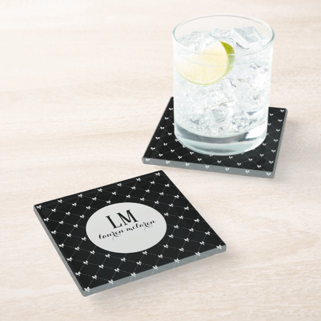 Black & White Bow Monogram Glass Coaster (Angled)