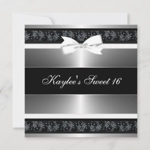 Black White Bow Silver Sweet Sixteen Birthday Invitation