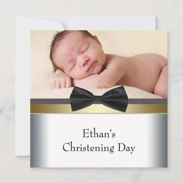 Black White Bow Tie Baby Boy Photo Christening Invitation (Front)