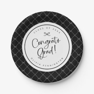 Black White Bows Congrats Grad Graduation Party Paper Plate