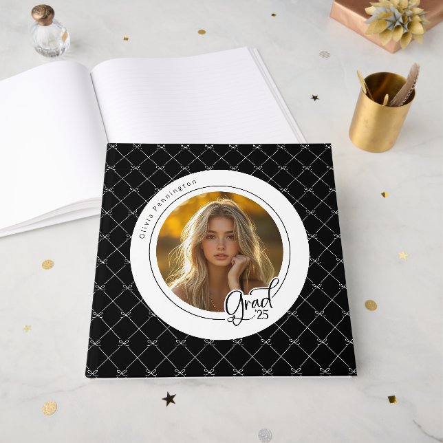 Black White Bows Elegant Modern Photo Grad Guest Book (Front Open)