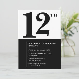 Black White Boy 12th birthday invitation Simple