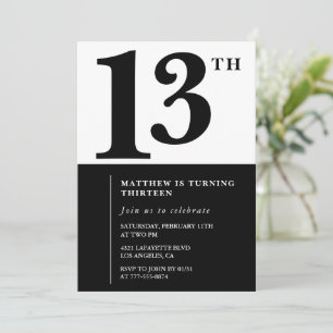 Black White Boy 13th birthday invitation Simple