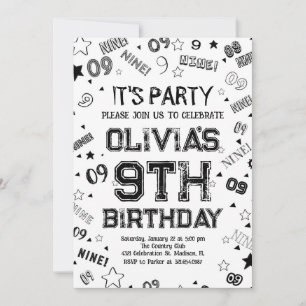 Black White Boy Number Nine Birthday Party Invitation