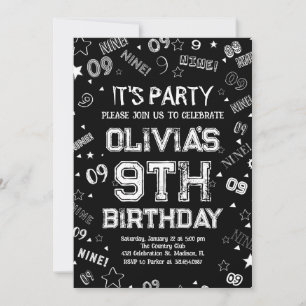 Black White Boy Number Nine Birthday Party Invitation