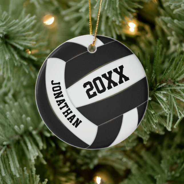 black white boys girls volleyball team colours ceramic ornament (Tree)