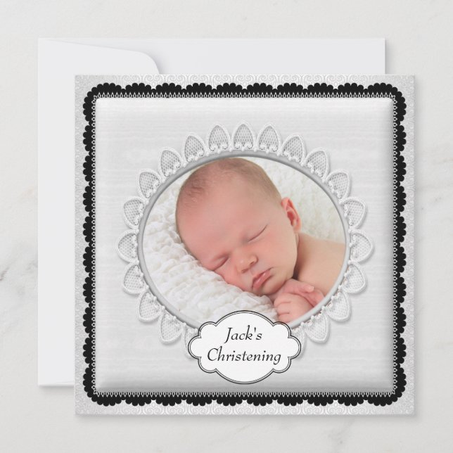 Black White Boys Photo Christening Invitation (Front)