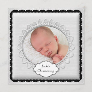 Black White Boys Photo Christening Invitation