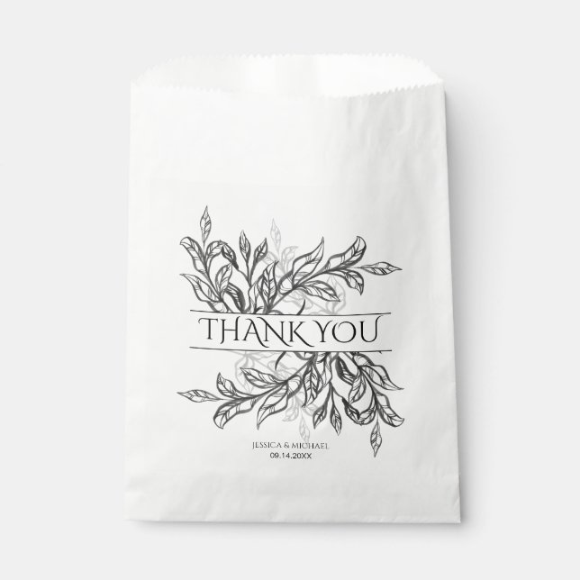 Black & White Branch & Leaves Wedding Favour Bag (Front)