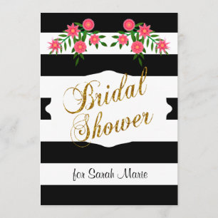 Black & White Bridal Shower   Pink Flowers Invitation