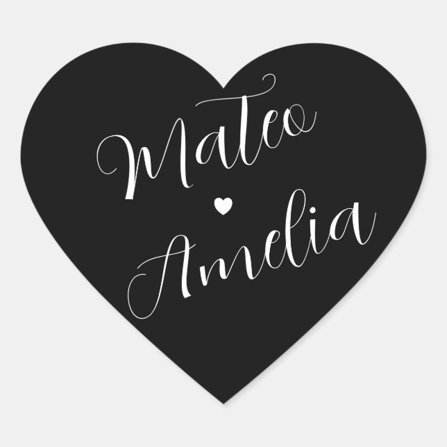 Black White Bride and Groom Names on Wedding Heart Sticker (Front)