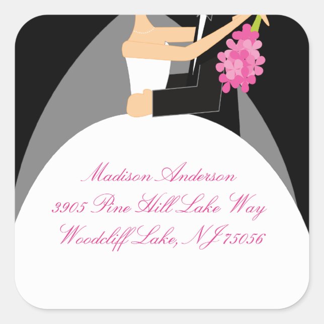 Black & White Bride & Groom Address Square Sticker (Front)
