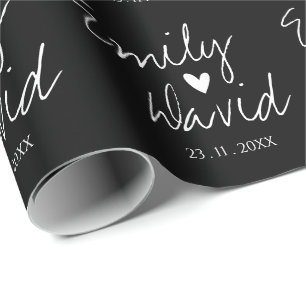 Black White Bride & Groom Names Wedding Wrapping Paper